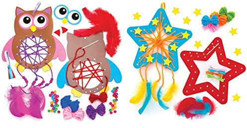 Baker Ross AW855 Eule Traumfänger Bastelset für Kinder - 4er Pack, Bastelsets für Kinder zum Basteln und Bemalen Sortiert & AT227 Stern-Traumfänger-Set, Kunst und Basteln für Kinder, 4 Stück, sortiert