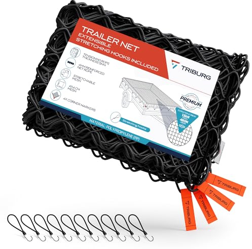 Rete per rimorchi TRIBURG estensibile da 1,5x2,7 m a 2,5x3,5 m incl. 10 ganci di espansione - Rete per rimorchi elasticizzata con marcatura degli angoli e corda elastica