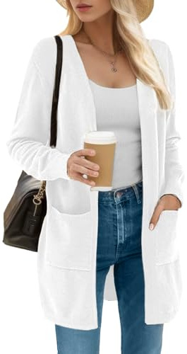 IWOLLENCE Lång stickade koftor för kvinnor damer långärmad mjuk vinter fleece tröjor cardigan med fickor, 05 vit, L