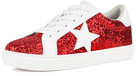 PARTY Women's Fashion Star Sneaker Lace Up Low Top Comfortable Cushioned Walking Shoes,Podcast-RED Glitter-8