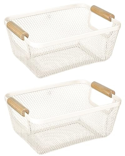 HOJKMA 2er-Set Netz Stahl Lagerung Aufbewahrungskorb mit Holz Henkel, Rechteck Multifunktionaler Metalldraht Hängende Küchenkörbe Obstkorb für Küche, Bad, Speisekammer, Schrankhaus, Einkaufen, Weiß