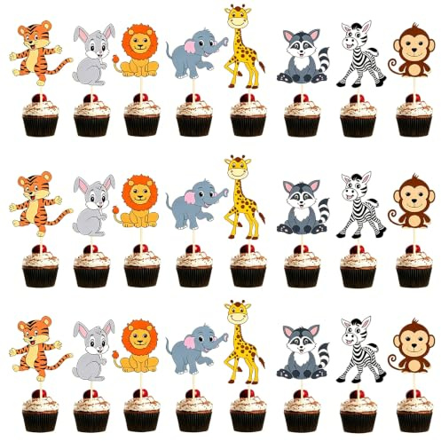 Floatdream 24 Stücke Cake Topper, Jungle Cake Topper, Cupcake Topper, Tierkuchenaufsatz, Waldtierkuchendekoration, für Geburtstagsfeiern, Hochzeiten, Kuchendressing (8 Modelle)