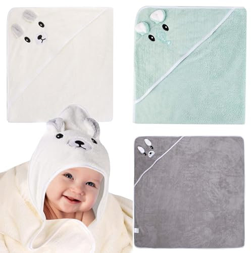 Funmo 3Pz Asciugamano con Cappuccio Set Asciugamano Neonato con Cappuccio, Accappatoio Neonato,Asciugamano Morbido e Super Assorbente per Neonati e Bambini 0-3 Anni