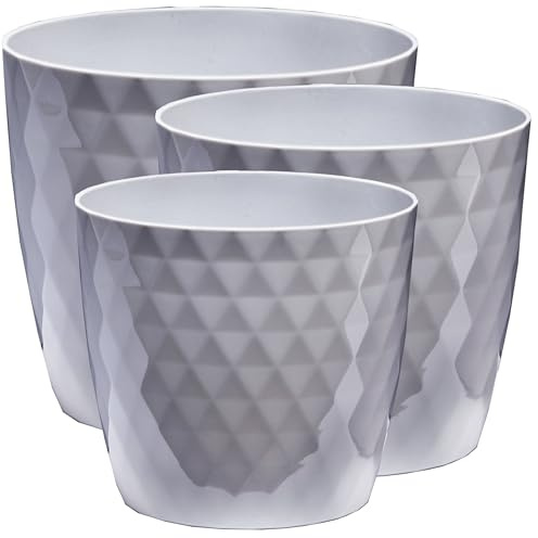 Home Garden Ornaments Blumentopf Set 3 Stück – Blumentöpfe/Pflanzentopf Kunststoff Übertopf 14/16/18 cm glänzend Kristallstruktur (Grau)