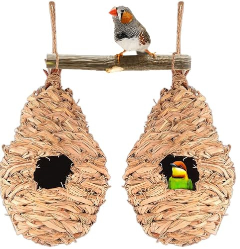 Schwalbennest,Nisttasche Vogelnest Gewebt,Gras Bird Nest，Handgewebte Vogelhäuser, für Wellensittich Meise,Kanarienvogel, Amsel, Hummingbird,Rotkehlchen,Zebrafinken 24x12cm (2 Stück)