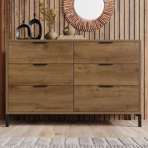 BTM 6 Drawer Chest of Drawers, Dark Oak Sotrage Cabinet for Bedroom, 40D x 120W x 76H CM