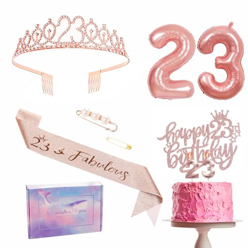 Decorazione per il 23° compleanno da donna, oro rosa, decorazione per compleanno 23 anni, corona e fascia, decorazione per torta di compleanno e candele, palloncino in lamina 23°, regalo per donne per