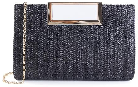 Stroh-Clutch-Geldbörse für Damen, Sommer, Rattan, Stroh, Crossbody-Taschen, Bast-Handtaschen, Tragegriff oben, Abendbörsen, Reisen, 2024, Schwarz, 10.2 x 2.0 x 6.7 (26cm x 5cm x 17cm)