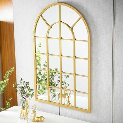 Espejo de pared de metal con ventana arqueada, 43 x 28 pulgadas, espejo de ventana con marco de metal, espejo de pared rústico vintage para decoración de pared, entrada, sala de estar, (dorado)