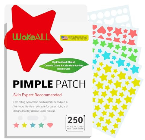 Parches Granos Hidrocoloide, Pimple Patches, 250 uds 7 tamaños, 5 formas & colores, Acne Patch, Lindo Diseño de Estrellas Multicolor, Absorbe el Líquido de Los Granos–Resultados en 3 horas