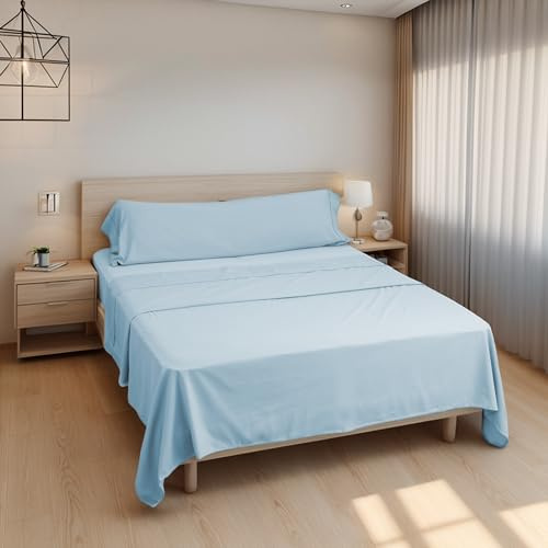 Etrexonline Juego de Sábanas 3 Piezas para Cama de 90 cm - Microfibra Ultra Suave, Incluye 1 Bajera Ajustable, 1 Encimera y 1 Funda de Almohada - Color Liso Azul Claro