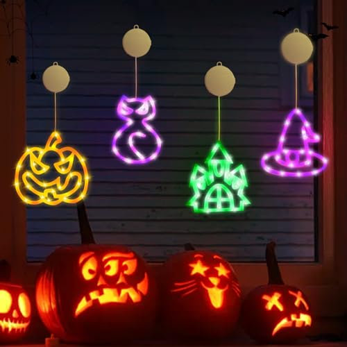 Halloween Deko 4er-Pack Kürbis Hexen Hut Schloss Katze Halloween Fenster Lichter mit Saugnapf, Batteriebetriebene Halloween Lichter, Dekorative Lampe für Halloween Party Balkon (4 Stück)