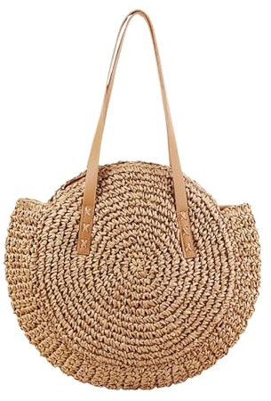 SUBLXPoten Strohtasche Runde Stroh-Strandtasche for Damen, Vintage, große gewebte Umhängetasche, Kreis-Rattan-Taschen, Sommer-Urlaubstaschen(Light Brown S)