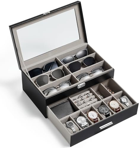 Lifewit 2- layer Sunglasses Organizer with Glass Lid, 6 Slots eyeswear Holder, 6 Slots Watch box, Spaces for Rings, Brooch, Tie Clip, Multiple Eyeglasses Display Case for Men, Gift Idea, Inky Black