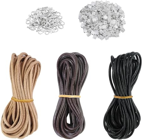 3 rotoli corda in pelle, 5 m x 3 mm, cordino per collane in pelle, cordoncino per collana in pelle, con 50 fermagli a pinza e 50 fermagli in crine di cavallo, per lavori fai da te, bracciali, gioielli