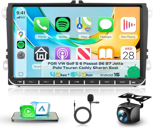 Inefala 4+64G Autoradio för VW Golf 5 6 Passat B6 B7 Jetta Polo Touran Caddy Sharan Seat Android med trådlös CarPlay Android Auto, 9'' Bilskärm med Bluetooth WIFI GPS FM/RDS DAB 32EQ SWC