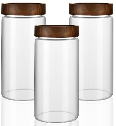 INCETUE Vorratsgläser mit Deckel Luftdicht 3er Set, 1200ml Groß Hoch Vorratsdosen Glas mit Spiral-Holzdeckel für Müsli, Tee, Kaffeebohnen, Pasta, Nudeln, Mehl, Overnight Oat, Küche Aufbewahrung Glas