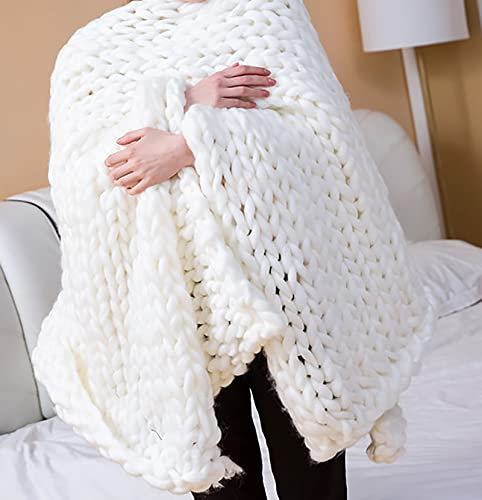 Grobstrick-Überwurfdecke für Couch, weicher und warmer Strickteppich für Heimdekoration, Grobstrickdecke, Grobstrick-Wolldecke für Bett, Stuhl, Sofa, Weiß, 100 x 150 cm