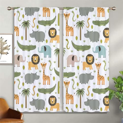 ZZTBQ Cartoon Safari Blickdicht Gardinen mit Ösen für Schlafzimmer Dschungel Tier2er Set H 230 x B 117 cm Thermogardine Wildtiere Löwe Elefant Giraffe Kälteschutz Vorhang Blickdicht