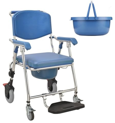 Duschstuhl mit Rollen, Nachtkommoden für ältere Menschen, Toilettenstuhl mit abnehmbarem Eimer, 150 kg Tragkraft, Duschrollstuhl für Innendusche