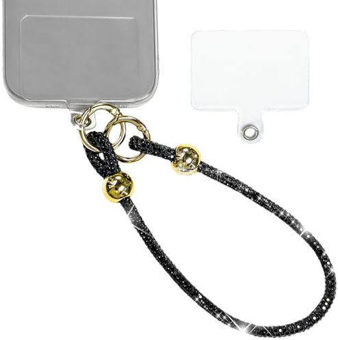 Ysnzaq Laccio Telefono Universale con Strass, Cinturino Polso Staccabile Scintillio e Patch Telefono, Catena per Cellulare, Ciondolo Corto Portachiavi per iPhone, Samsung e Smartphone-SZSL Black