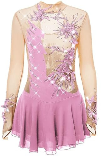 AAYXIN Eiskunstlauf Kleid Outfits Elasthan Hohe Elastizität Praxis Schlittschuhlaufen Bekleidung Handgemachte Mode Langarm Eislaufen Wintersport Figur,Rosa,M