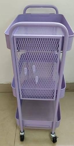 Förvaringsvagn på hjul för olika applikationer, 3 nivåer vagn med extra DIY -pegboards, överlämnande av fack och krokar för vardagsrum, kök, badrum, kontor, klassrum, lila