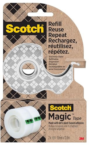 Scotch Dispensador de cinta de acero inoxidable, plata + cinta mágica Scotch fabricado con 66% adhesivo a base de plantas, 19 mm x 45 pies, 1 dispensador de mano + 2 rollos/paquete