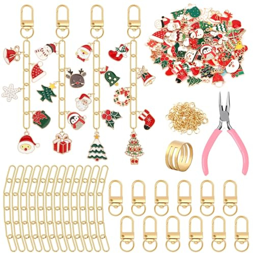 AUGSUN Kit de Fabrication de Porte-Clés Noël 189Pcs, Artisanat de Breloques avec 60 Breloques de Noël, 12 Crochets, 15 Chaînes d’Extension, 100 Anneaux et Pince pour Cadeaux de Fête
