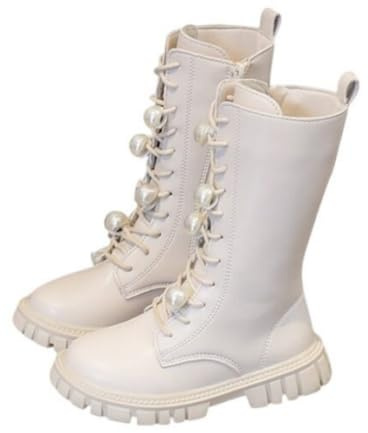 TangDao Stivali Piatti in Pelle con Cerniera Autunno/Inverno da Bambina Stivali da Principessa Perla da Ragazza EU 37 Bianco
