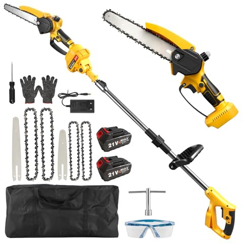 panthem Batteria ad alta velocità 2 in 1, 8 pollici e 6 pollici, mini motosega senza spazzole con 2 batterie da 3,0 Ah e 4 catene, compatibile con Makita 18 V, sega telescopica per potatura e taglio
