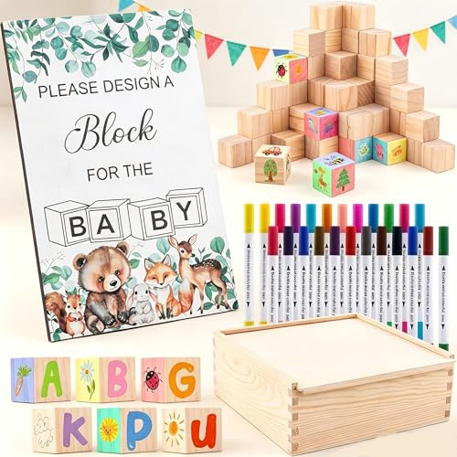 Lot de 98 jeux de fête prénatale - Avec 72 cubes en bois et boîte en bois - 24 stylos de peinture acrylique et plaque de jeu - Jeu créatif pour fête prénatale pour garçons et filles