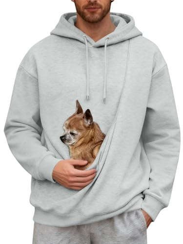 2025 Sudadera con capucha para mujer de invierno con bolsillo de canguro y bolsillo de transporte para animales - Chaqueta con capucha suave y cómodo suéter de transporte para gatos y perros, gris, L