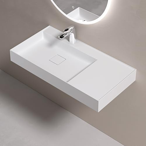 doporro Waschbecken Mineralguss 90×46×12cm Waschplätze in matt Weiß | Aufsatzwaschbecken Hängewaschbecken Überlaufschutz | Leicht zu reinigen | Installationsvielfalt, Ablaufgarnitur, Colossum630