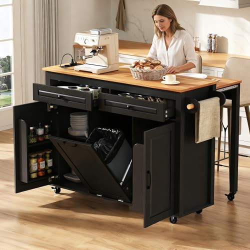 Yihomfy Kücheninsel auf Rollen, Küchenschrank mit Klappbarer Arbeitsplatte, auf 6 Rollen und 2 Schubladen Mobiler Sideboard mit und Abfallbehälterfach mit Schublade, für Esszimmer, 120×75×92 cm, Weiß