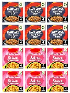 Las Iguanas Recipe Mix, Slow Cook Beef & Ale Stew and Bahian Coconut Curry, 4 Servings Each, Pack of 12