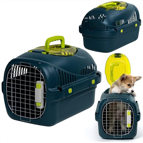 Peluvio Safy Transportín para Perro Pequeño Rígido para Coche, Seguro, Ventilado, Puerta Metálica, Tapa Superior, Rejilla Extraíble, Cuenco, Doble Cierre, Asa Plegable, Fácil de Limpiar, hasta 5 kg