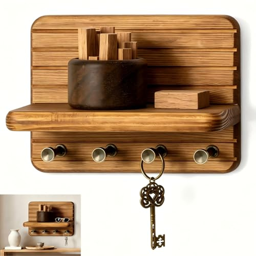 Calenxy Schlüsselbrett mit Ablage und 4 Haken, Schlüsselhaken Holz Schlüsselablage Schlüsselhalter Wandmontage Key Holder, Schlüsselboard Schlüssel Aufbewahrung für Eingang, Flur und Schlafzimmer