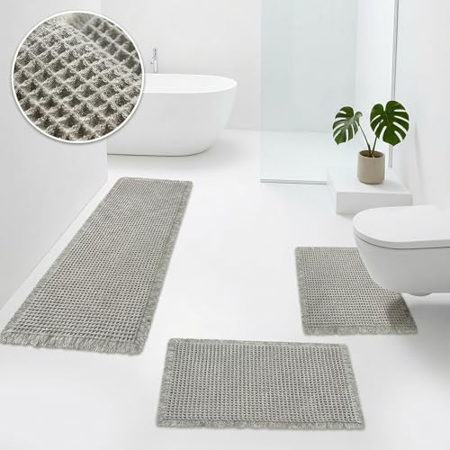 IVALKYRIONN Badematte Badteppich Set, rutschfest, Grau, 51x120 cm & 2X 43x61 cm, 3-Teilig
