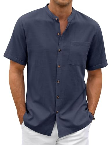 Lonya Camisa Lino Hombre Camisa de Manga Corta Verano Casual Regular Henley Algodón Camisas con Botones Bolsillo de Playa Vacaciones