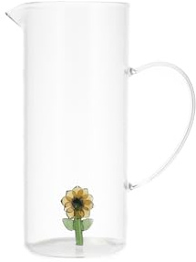 H&H Caraffa in Vetro Borosilicato 1,5 L con Girasole Decorativo Interno, Caraffa Trasparente Design Elegante, Lavastoviglie, Idea Regalo Bomboniera