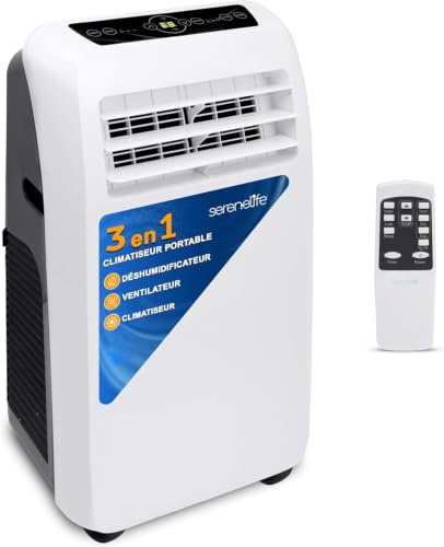SereneLife Climatiseur Mobile Silencieux,9000 BTU,Climatiseur Portable 3-en-1 avec Fonction Déshumidificateur Intégré,Mode Ventilateur,Télécommande,Kit d'Évacuation Complet Montable sur Fenêtre,Blanc