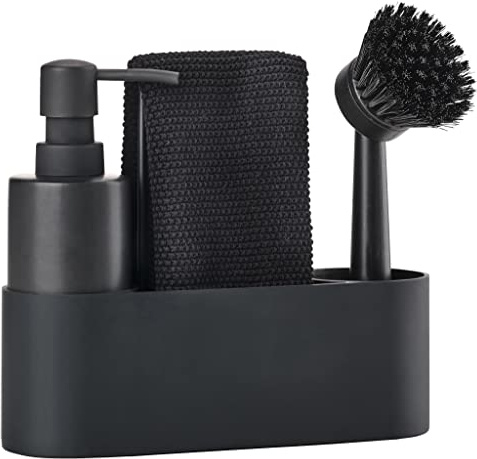 Zone Denmark Singles Dishwashing Set, Includes Soap Dispenser, Brush, Cloth and Holder, Compact All in One Sink Organiser, Silicone and Ceramic Material, 19 x 6 x 20 cm, Black, 4 Pieces