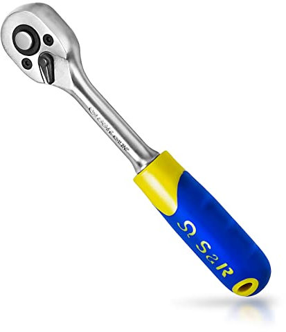 S&R Umschaltknarre 1/4, CrV-Stahl, umschaltbare Ratsche für Links- und Rechtsanzug, 2-Komponenten-Griff, Vierkantabtrieb, 45 Zähne, Betätigungswinkel 5°, Knarre Steckschlüssel-Einsatz Nüsse