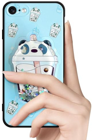 VooDirop Handyhülle für iPhone 7/8/SE 2020 Silikon Gel (Panda) | Kratzfest Schutzhülle mit Glitzer Flüssig Flexible TPU Interessante Ständer Cover Case für Mädchen