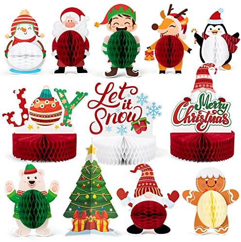 Mocoosy 12 Pack Christmas Party Honeycomb Centerpieces for Table Decorations, Christmas Centerpieces Table Toppers With Gnome Santa Snowman Centerpieces for Christmas Party Supplies Holiday Xmas Decor
