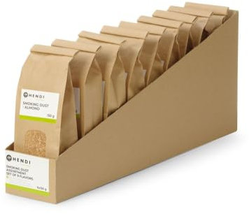 HENDI Trucioli, segatura, di legno, essenze aromatiche, per affumicatura a freddo, set di 9 aromi, mandorlo/faggio/olivo/agrumi/quercia/pesca/vino rosso/whisky/cognac, affumicatore, 1,4 kg (9x150 g)