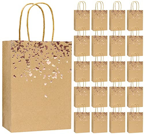 INHEMING 20 Geschenktüten aus Kraftpapier Papiertüten Braun mit Henkel,Bronzing Kraft Tasche mit Herz Verzierung, Party Geschenk Tüten für Partys Geburtstag Hochzeit und Weihnachten