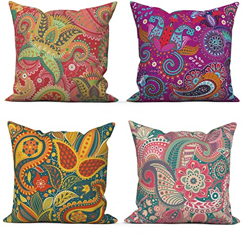 ASDCXZ Örngott boho 40 x 40 cm set om 4, boho-stil blomma textur mönster röd gul lila soffa dekorativa kuddar örngott tvättbar polyester lin textil stoppning örngott