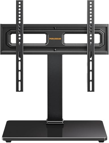 Perlegear Table Top TV Stand Mount, Universal Swivel TV Stand for 32–60,65 Inch LCD/LED/OLED TVs up to 88 lbs with Tempered Glass Base, Height Adjustable TV Base with Tilt, Max VESA 400x400mm